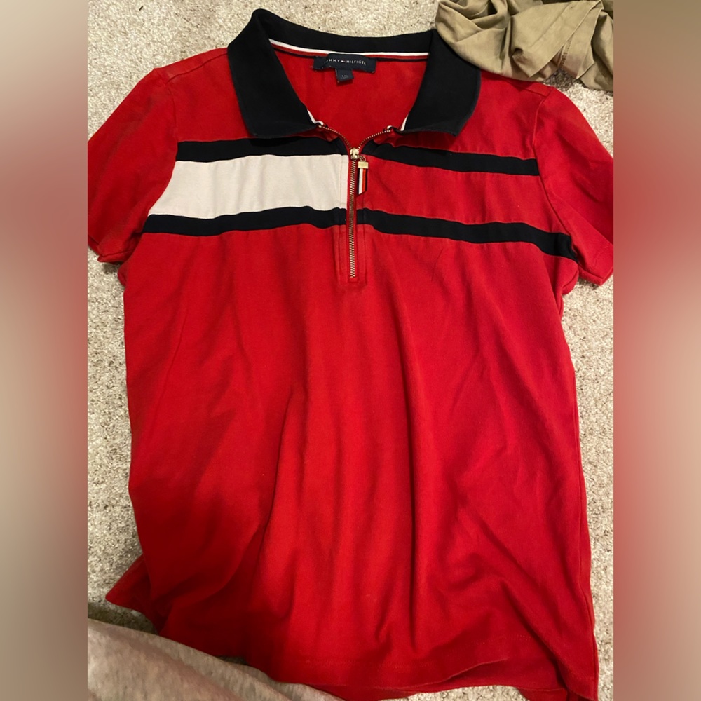 Red Tommy Hilfiger Womens Polo Zip Shirt